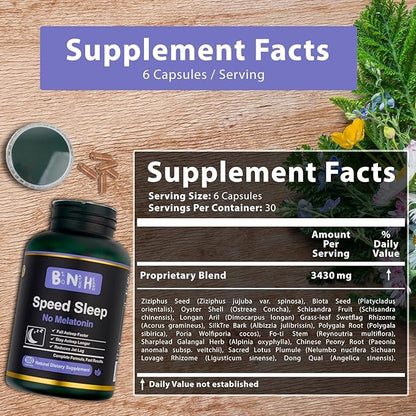 Speed Sleep- Natural Supplements for Sleep, Melatonin Free, Gluten Free, All-Natural Ingredients, 180 Capsules, Non-Habit Forming, Relaxing