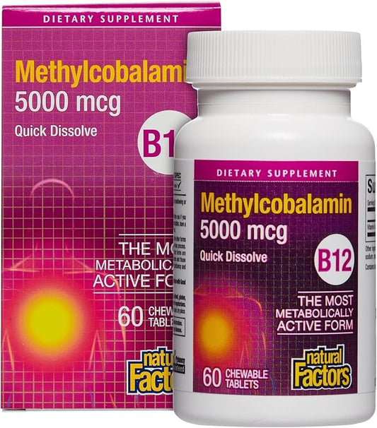 Natural Factors, Vitamin B12 Methylcobalamin 5000 mcg, Chewable Support for Energy and Immune Health, Vegetarian, 60 tablets (60 servings)