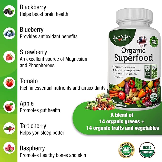 Organic Superfood Greens Fruits and Veggies Complex - Best Dietary Supplement with 14 Greens and 14 Fruits & Vegetables with Alfalfa & Antioxidant Organic Ingredients Non-GMO 240 Capsules