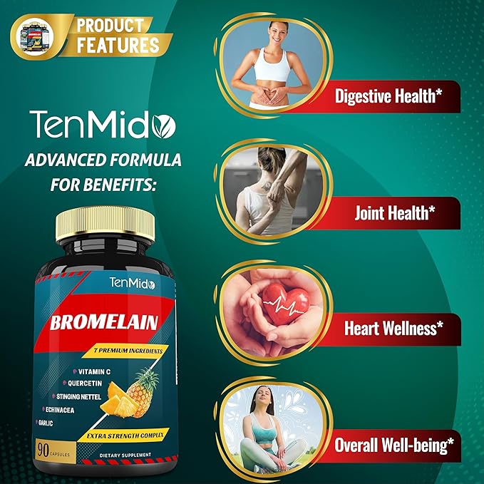Bromelain Extract Capsules, Proteolytic Enzymes & VitC, Quercetin, Echinacea, Garlic, Pepper - Supports Digestion Health, Nutrient Absorption - 90caps, 3Months Supply