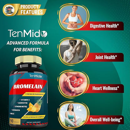 Bromelain Extract Capsules, Proteolytic Enzymes & VitC, Quercetin, Echinacea, Garlic, Pepper - Supports Digestion Health, Nutrient Absorption - 90caps, 3Months Supply