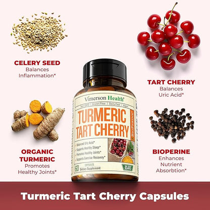 Turmeric Supplement with 10:1 Tart Cherry Extract, Turmeric Curcumin with Black Pepper & Organic Tumeric. 600mg Tart Cherry Capsules. Aids Uric Acid Balance, Joint, Muscle, Sleep Support. 60 Capsules