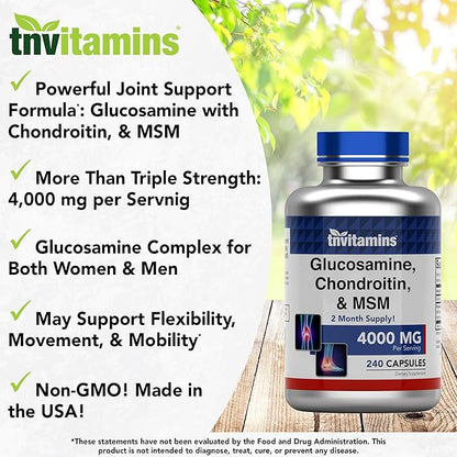 Glucosamine, Chondroitin, & MSM (4000 MG - 240 Capsules) for Men & Women | Joint Support Supplement Complex* | More Than Triple Strength! | Non-GMO | Produced in The USA