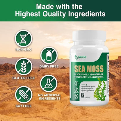 Sea Moss Black Seed Oil Ashwagandha Ginger Supplement - Irish Sea Moss with Turmeric, Bladderwrack & Burdock - 16 in 1 Immune, Joint and Gut Support - 60 Capsules