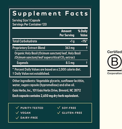 Gaia Herbs Holy Basil Leaf - Helps Sustain a Positive Outlook and Balance in Times of Stress - an Adaptogenic Ayurvedic Herb - 120 Vegan Liquid Phyto-Capsules (60-Day Supply)