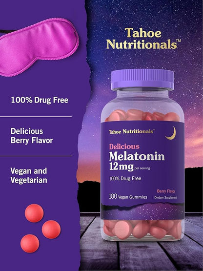 Carlyle Tahoe Nutritionals Melatonin Gummies 12mg | 180 Count | Berry Flavor | Drug Free Supplement | Vegan, Non-GMO, Gluten Free