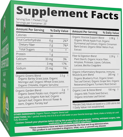 Peak Performance Organic Greens Superfood Powder Single Serve Travel Packets. Best Tasting Organic Green Juice Super Food with 25+ All Natural Ingredients for Max Energy. (20 Pack)