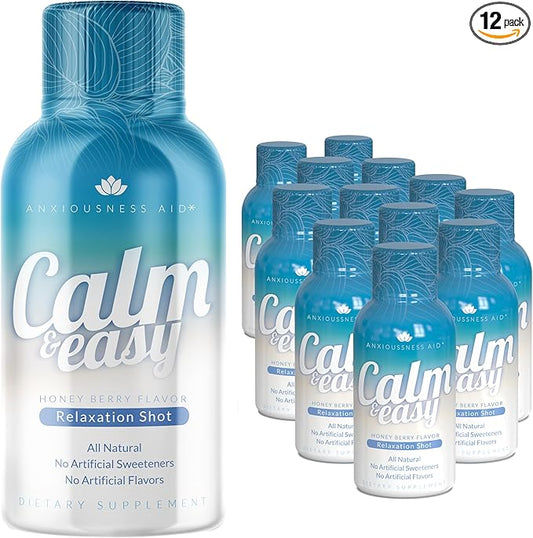 Calm & Easy - Natural Stress Relief Shot, KSM-66 Ashwagandha, Suntheanine L Theanine, Calming Adaptogen Drink, Relaxation, Focus, and Mood | 2 oz Liquid Bottle (12 Pack)
