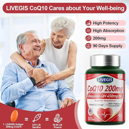 CoQ10 200mg Softgels, Ultra CoQ10 Ubiquinone 200mg with Coconut MCT Oil, 5X Superior Absorption, Coenzyme Q10 Ubiquinol and Supplements - 90 Counts * 2 Packs