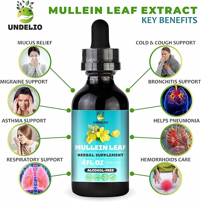 Undelio's Herbal Mullein Leaf Extract - Organic & Alcohol-Free Tincture for Respiratory, Lung, Sleep & Digestive Support - Non-GMO, Vegan - 4 fl. Oz for Immune Health & Lung Detox
