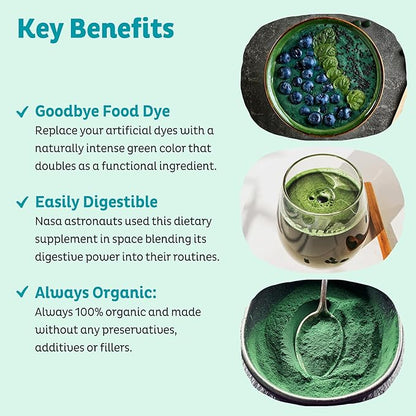 KOS Organic Spirulina Powder - USDA Certified Organic, 109 Servings of Superfood Powder for Smoothies & Juices, Non-Irradiated Blue Green Algae, Plant Based with Antioxidants, Vegan (13.5oz)