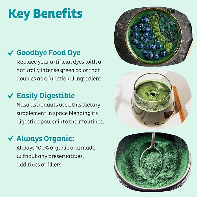 KOS USDA Organic Spirulina Powder, Natural Taste - 100% Pure, Non-Irradiated Vegan Green Blue Spirulina Superfood Powder, Plant Based - Rich in Protein, Vitamins, Antioxidants & Fiber, 60 Servings Bag