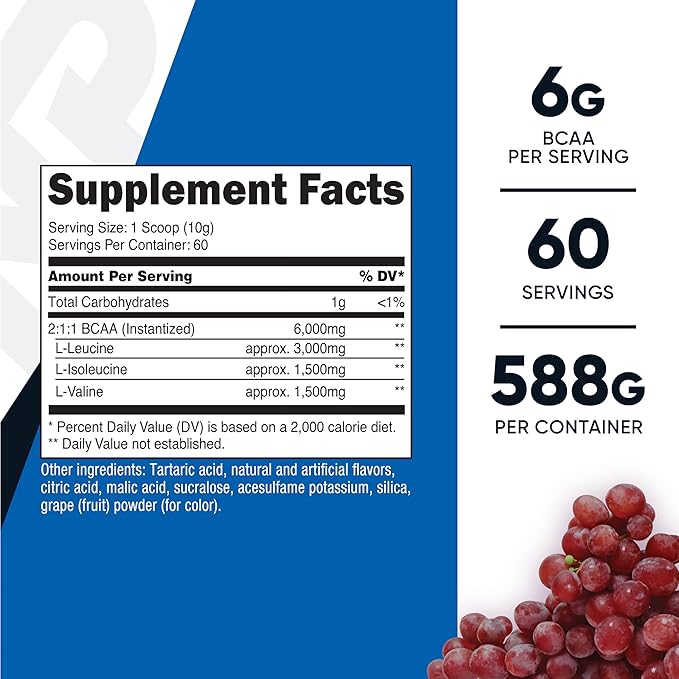 Nutricost BCAA Powder (Grape, 60 Servings) - Optimal 2:1:1 Ratio, Vegetarian Friendly, Non-GMO, Gluten Free