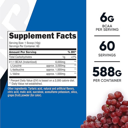 Nutricost BCAA Powder (Grape, 60 Servings) - Optimal 2:1:1 Ratio, Vegetarian Friendly, Non-GMO, Gluten Free