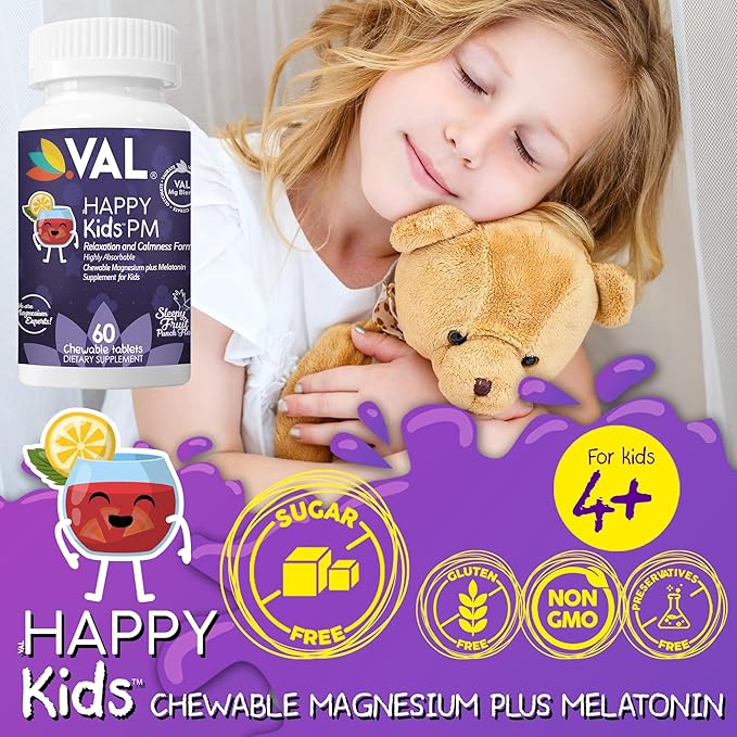 VAL Sugar-Free Calm Magnesium for Kids PM Chewable Tablets | Magnesium Glycinate, Citrate & Taurate | Melatonin & Vitamins B6 & C | Bedtime Support | Non-GMO | Blueberry Yogurt Flavor | 60 Count
