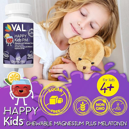 VAL Sugar-Free Calm Magnesium for Kids PM Chewable Tablets | Magnesium Glycinate, Citrate & Taurate | Melatonin & Vitamins B6 & C | Bedtime Support | Non-GMO | Blueberry Yogurt Flavor | 60 Count