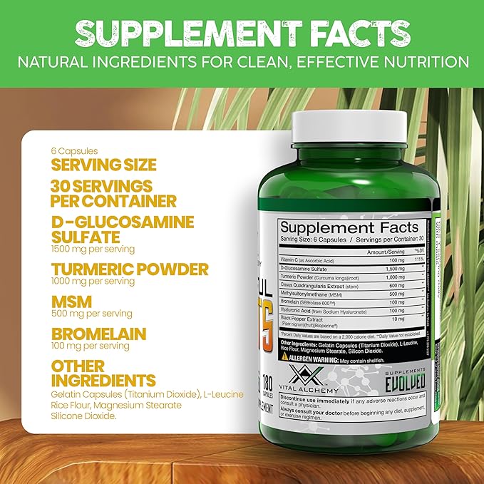 Vital Alchemy Joyful Joints Support Supplement for Women & Men with MSM, Glucosamine Sulfate 1500 mg,Turmeric Supplement with Hyaluronic Acid, Bromelain, Bioperine, 180 Cap, 60 Day Supply - USA Made