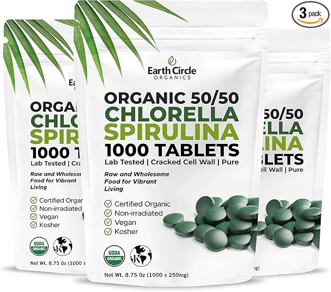 Premium Organic CHLORELLA /SPIRULINA 1000 Tablets (50/50) Kosher, Vegan - Green Algae Superfood, Cracked Cell Wall, Chlorophyll, High in Protein & Iron, no additives, or fillers 8.75 Oz (3 Pack)
