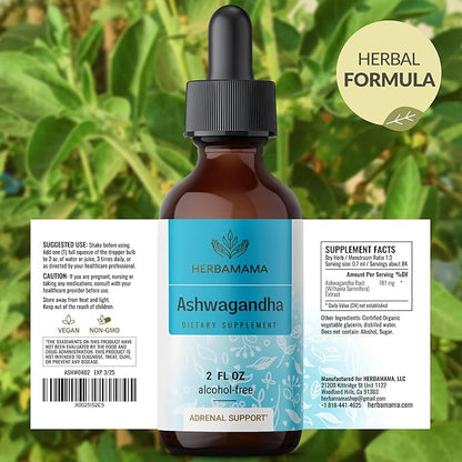 HERBAMAMA Ashwagandha Liquid Drops - Vegan Ashwagandha Root Extract for Calm & Mood Support - Non-GMO, Alcohol & Sugar-Free Calming Supplement for Adults, 28-Day Supply