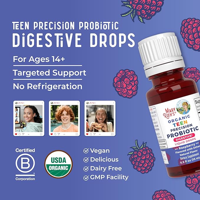 MaryRuth Organics USDA Organic Liquid Probiotic Drops for Teens | Gut Health | Digestive Health | Occasional Digestive Discomfort | Overall Health and Wellness | Non GMO | Vegan | 30 Servings