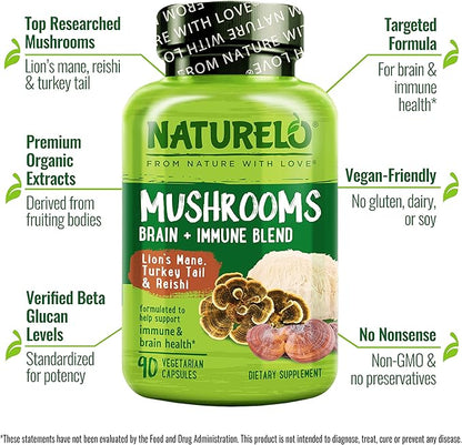 NATURELO Mushroom Supplement – Brain & Immune Health Blend with Lion’s Mane, Reishi, Turkey Tail – 90 Vegan Friendly Capsules