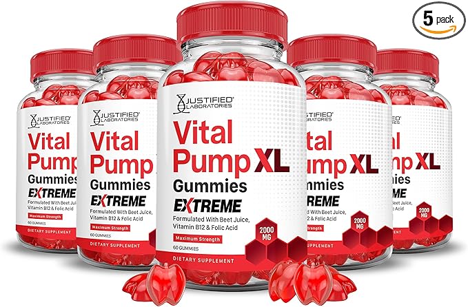 Justified Laboratories (5 Pack) Vital Pump XL Extreme 2000MG Performance Gummies Vital PumpXL Advanced Formula Formulated with Beet Juice ACV Pomegranate Powder B12 Vegan Non GMO 300 Gummys