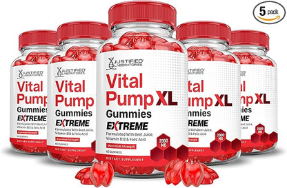Justified Laboratories (5 Pack) Vital Pump XL Extreme 2000MG Performance Gummies Vital PumpXL Advanced Formula Formulated with Beet Juice ACV Pomegranate Powder B12 Vegan Non GMO 300 Gummys