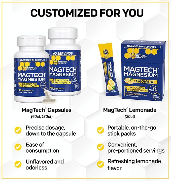 MagTech Magnesium Drink Mix Lemonade - 3 Forms of Magnesium: Magtein L-Threonate, Glycinate & Taurate - 200mg Chelated Magnesium Complex - Supports Relaxation & Brain Health* - 20 Stick Packs