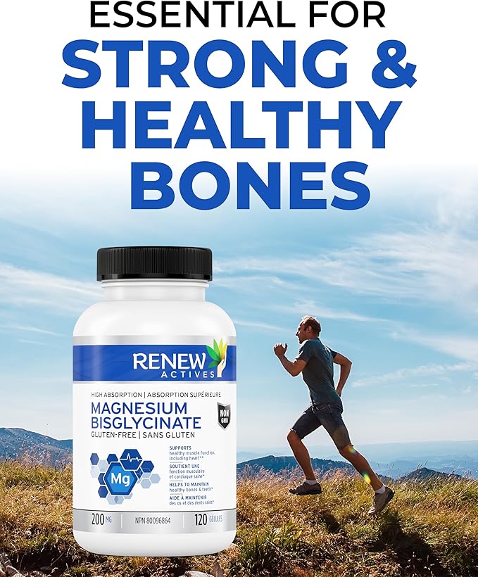 RENEW ACTIVES Magnesium Glycinate 400MG per 2 Capsules Pure Magnesium Bisglycinate for Full Body Relaxation, Sleep, Muscles, Bones & Energy - Electrolyte Balance - Made in Canada -120 Capsules
