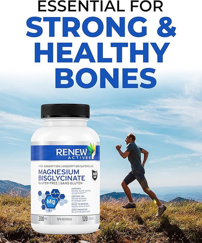 RENEW ACTIVES Magnesium Glycinate 400MG per 2 Capsules Pure Magnesium Bisglycinate for Full Body Relaxation, Sleep, Muscles, Bones & Energy - Electrolyte Balance - Made in Canada -120 Capsules