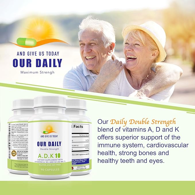 Our Daily Vites ADK 10 Double Strength (10,000 iu) Vitamins A1, D3 & K2 (as MK7) - Physician Formulated Bone & Immune System Support - Gluten Free, Non GMO - 180 Vegetarian Capsules