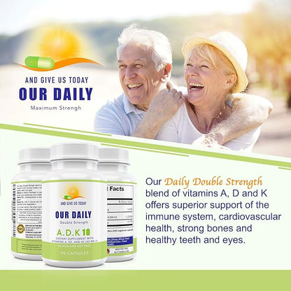 Our Daily Vites ADK 10 Double Strength (10,000 iu) Vitamins A1, D3 & K2 (as MK7) - Physician Formulated Bone & Immune System Support - Gluten Free, Non GMO - 180 Vegetarian Capsules