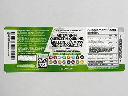 Clean Nutraceuticals Artemisinin Quercetin Zinc Mullein Quinine Supplement with Sea Moss Bromelain Ashwagandha Root Nettle Leaf Bladderwrack Burdock Root Monolaurin Colostrum Rutin