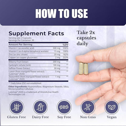Vision Nutri Complex - Eye Vitamins with Lutein, Bilberry - Eye and Vision Health for Men & Women - 60 Capsules