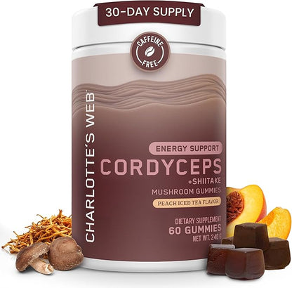 Charlotte's Web Energy Support Mushroom Gummies w/Cordyceps & Shiitake Mushrooms, Caffeine-Free Energy Supplements — Cordyceps Mushroom Gummies, Peach Iced Tea Flavor (30 Servings)