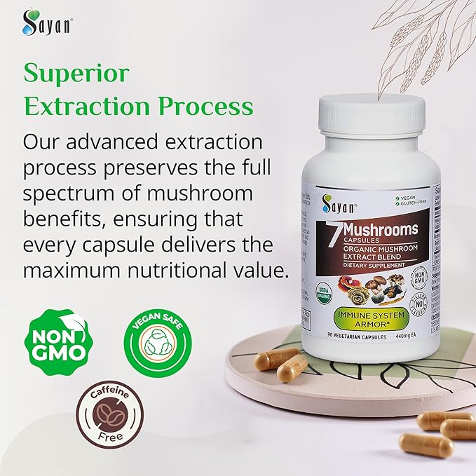 Sayan 7 Mushroom Extract 90 Capsules/440mg ea – Immune Support & Energy – Organic Chaga, Reishi, Lion's Mane, Maitake, Shiitake, Turkey Tail Adaptogen Blend – Vegan, Non-GMO, No Fillers or Additives