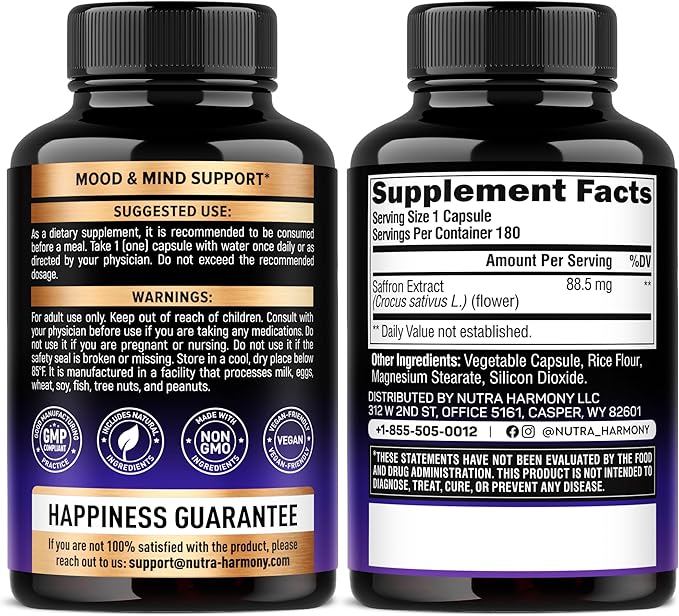 Natural Saffron Supplements - Pure Saffron Extract 88.5 mg - Made in USA - Mood | Focus | Vision | Energy Support - Eye Health for Women & Men - NonGMO Vegan Pills - 180 Powder Capsules