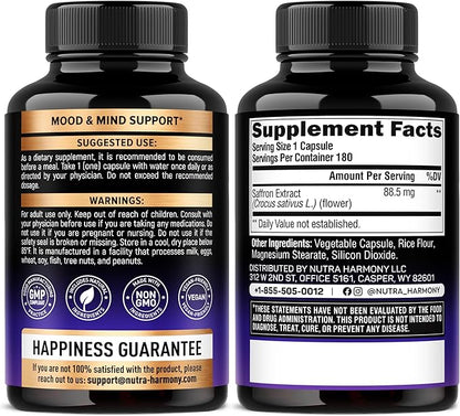 Natural Saffron Supplements - Pure Saffron Extract 88.5 mg - Made in USA - Mood | Focus | Vision | Energy Support - Eye Health for Women & Men - NonGMO Vegan Pills - 180 Powder Capsules