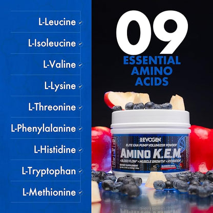 Evogen Amino K.E.M. - EAA & BCAA Powder Pump Volumizer | BCAAs Amino Acids Supplement for Blood Flow, Muscle Growth, & Hydration | Blueberry Apple | 30 Servings
