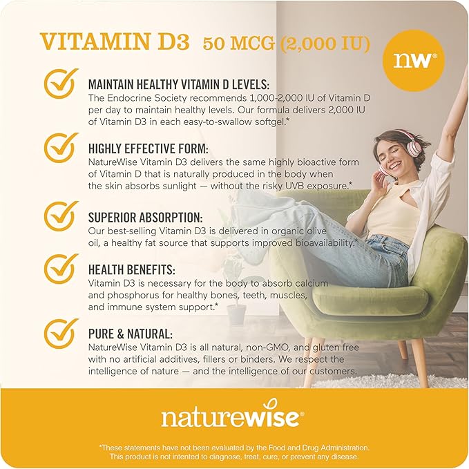 NatureWise Vitamin D3 2000iu (50 mcg) 90-Day Supply for Immune Support, Healthy Muscle Function, and Bone Health - Non-GMO, Gluten Free in Organic Extra Virgin Olive Oil, (Mini Softgel), 90 Count