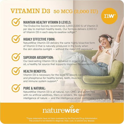 NatureWise Vitamin D3 2000iu (50 mcg) 1-Year Supply for Immune Support, Healthy Muscle Function, and Bone Health - Non-GMO, Gluten Free in Organic Extra Virgin Olive Oil, (Mini Softgel), 360 Count