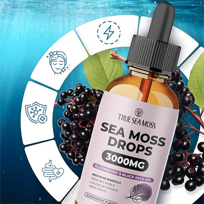 Irish Sea Moss Drops - 5X Stronger Than Sea Moss Gel - 92+ Essentials Minerals - with Black Elderberry, Burdock Root & Black Cumin - 2 Fl Oz (60ml) - Elderberry Flavor