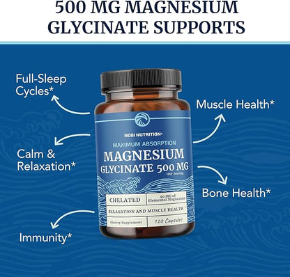 Magnesium Glycinate 500mg | High Absorption | Chelated for Muscle Relaxation, Bones, Heart, Nerve, Sleep & Calm Support for Women & Men | Magnesium Chelate Supplement & Bisglycinate Complex | 120ct