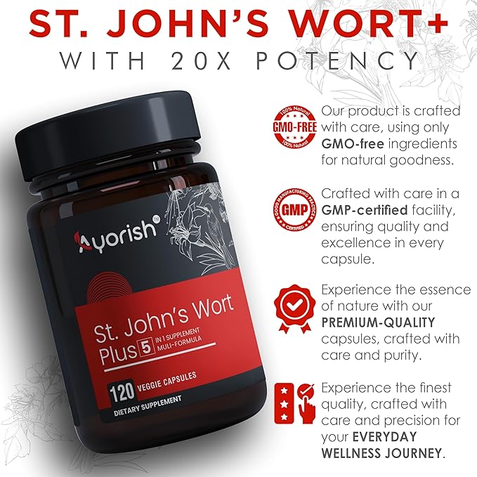 St Johns Wort Rhodiola Rosea Holy Basil Ashwagandha - Mood Support for Women and Men with Vitamin C & Black Pepper Extract - 120 Caps