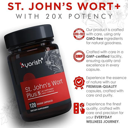 St Johns Wort Rhodiola Rosea Holy Basil Ashwagandha - Mood Support for Women and Men with Vitamin C & Black Pepper Extract - 120 Caps