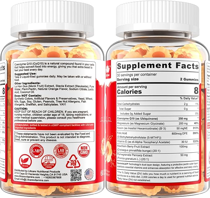 Sugar Free CoQ10 Filled Gummies 250MG, Coenzyme Q10 w/Magnesium Glycinate, Niacin No-Flush Vitamin B3, E & Folic Acid, High Absorption CoQ10 for Cellular Energy & Antioxidant, 120Cts