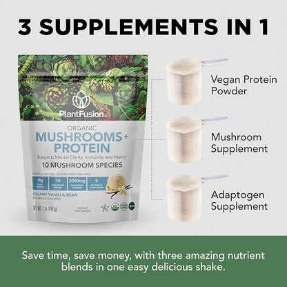 Plantfusion Mushroom Protein Powder - 3 in 1 Vegan Protein Powder, Mushroom Supplement, and Adaptogen Supplement - Support Mental Focus, Immunity, and Recovery - Chocolate 1lb