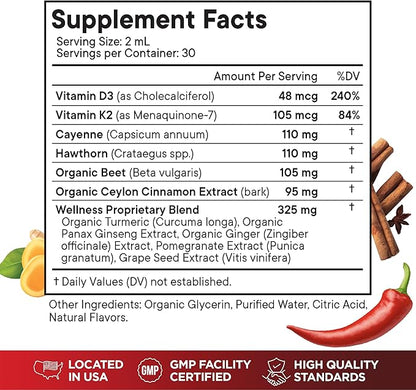 Cayenne Pepper Supplement Liquid Drops + Hawthorn Berry, Vitamin D3 K2 Beet Root Powder, Ceylon Cinnamon, Turmeric Curcumin, Organic Panax Ginseng - 8 OZ