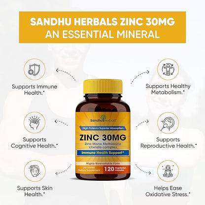 Sandhu Herbals Zinc 30mg Supplement and Organic 4 in 1 Ashwagandha Capsules with Zinc| Supports Healthy Skin, Immune System| Non-GMO