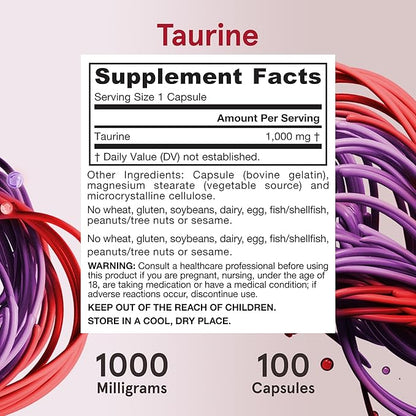 Jarrow Formulas® Taurine 1000 mg, Dietary Supplement, Amino Acid Supplement for Brain Health Support, 100 Capsules, 100 Day Supply